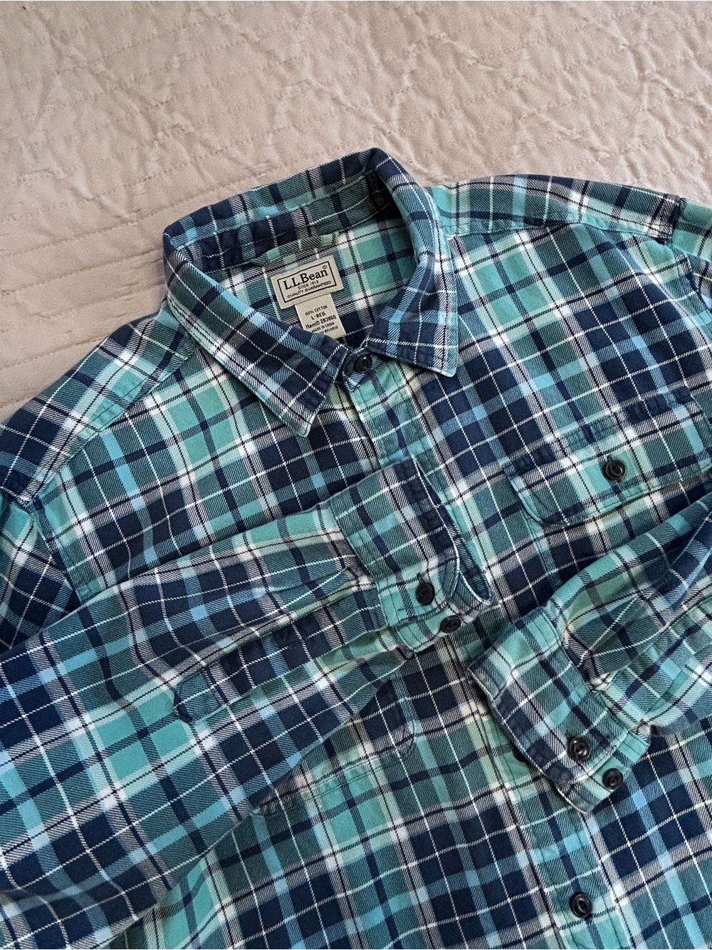 L.L.Bean Men’s Large Regular Plaid Flannel Shirt 100% Cotton Blue Green Cozy